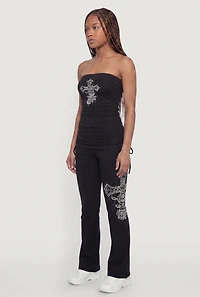 Rhinestone Cross Graphic Fold Over Pants