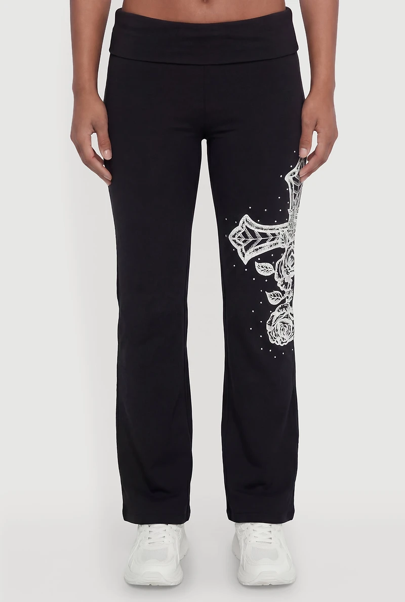 Rhinestone Cross Graphic Fold Over Pants