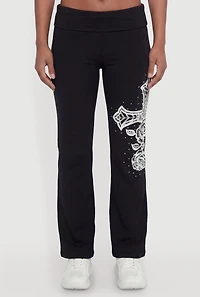 Rhinestone Cross Graphic Fold Over Pants