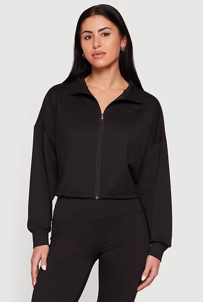 Drop Shoulder Zip Front Collared Sweatshirt