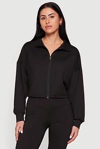 Drop Shoulder Zip Front Collared Sweatshirt