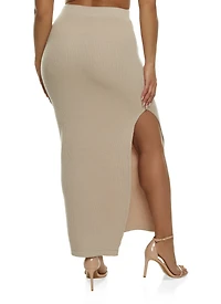 Womens Knit Side Slit Maxi Skirt, Khaki, Size XL