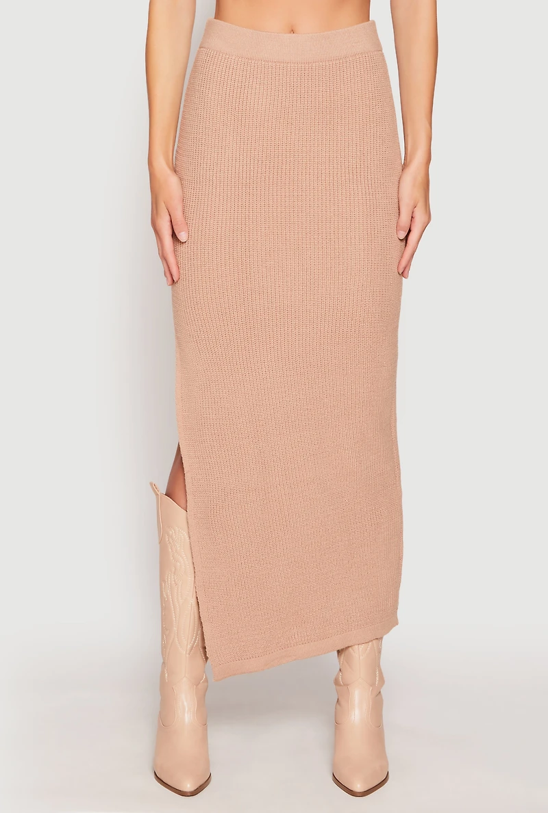 Womens Knit Side Slit Maxi Skirt, Khaki, Size S