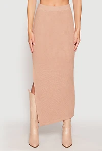 Womens Knit Side Slit Maxi Skirt, Khaki, Size S