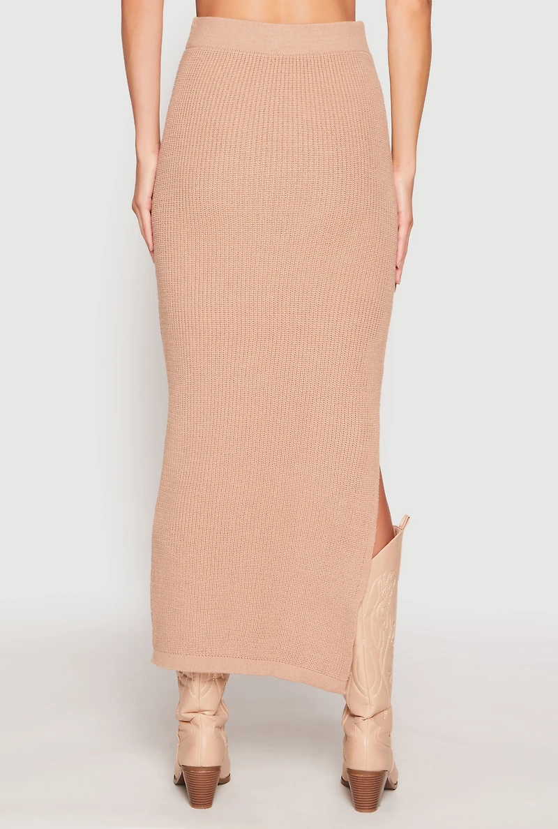 Womens Knit Side Slit Maxi Skirt, Khaki, Size S