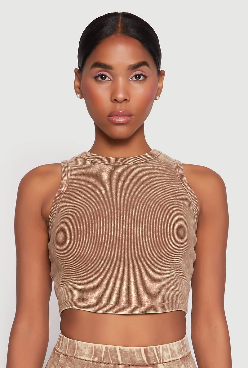 Womens Ribbed Knit Acid Wash Cropped Tank Top, Brown, Size L