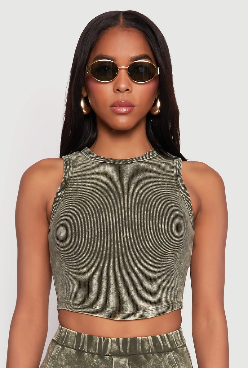 Womens Ribbed Knit Acid Wash Cropped Tank Top, Green, Size L