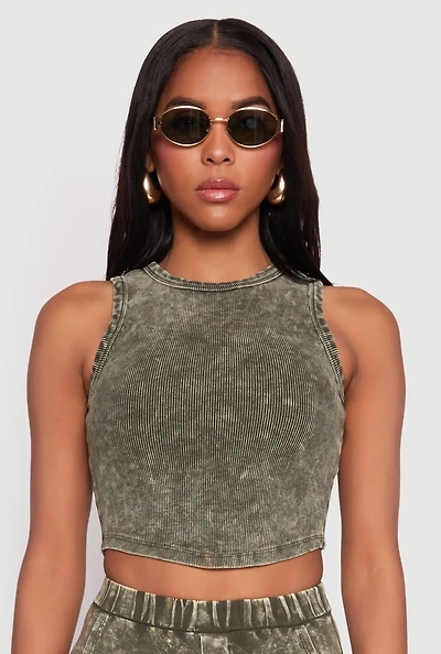 Womens Ribbed Knit Acid Wash Cropped Tank Top, Green, Size L