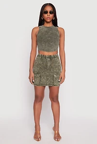 Womens Ribbed Knit Acid Wash Cropped Tank Top, Green, Size L