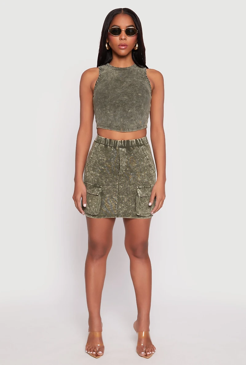 Womens Ribbed Knit Acid Wash Cropped Tank Top, Green,