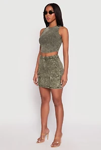 Womens Ribbed Knit Acid Wash Cropped Tank Top, Green, Size L
