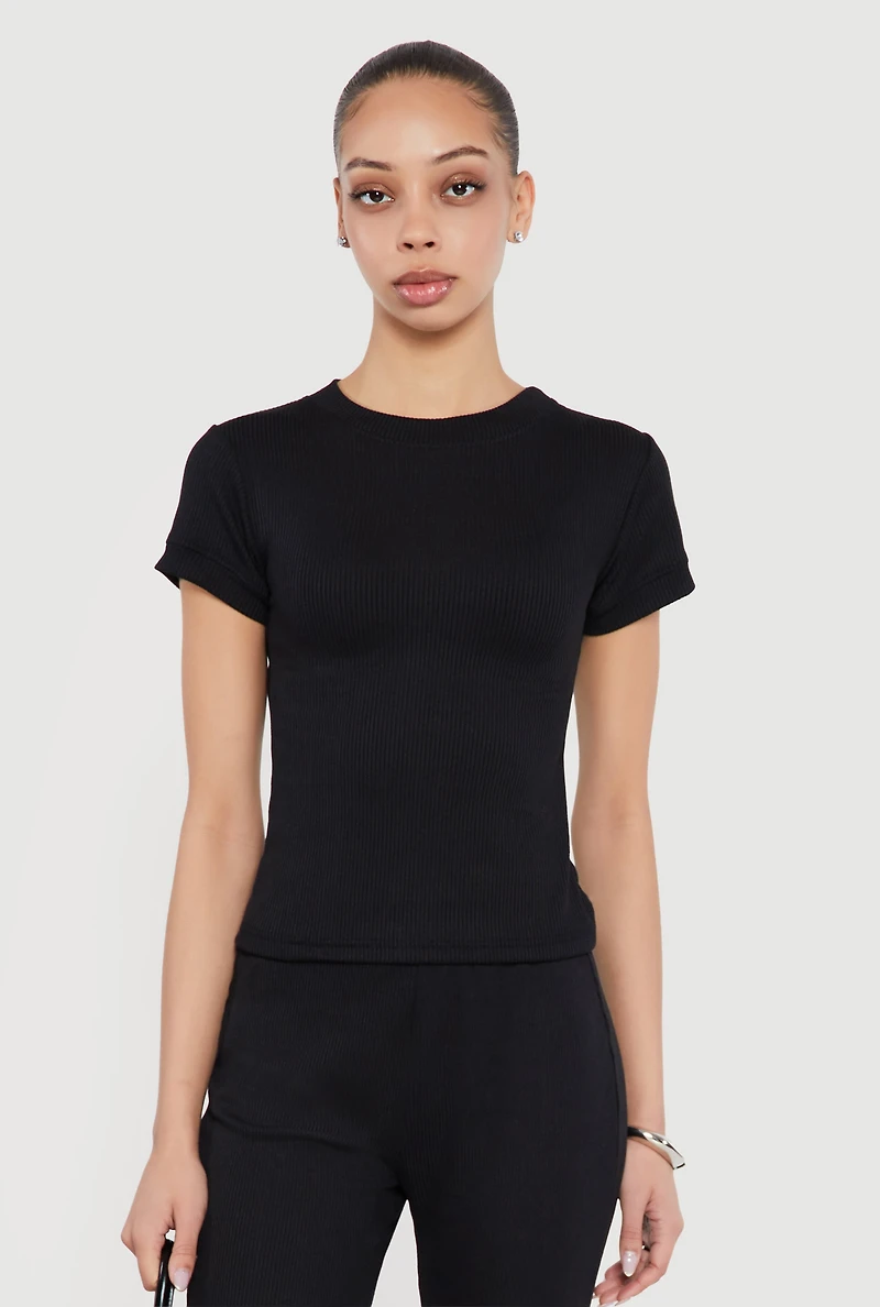 Ribbed Knit Short Sleeve High Neck Tee