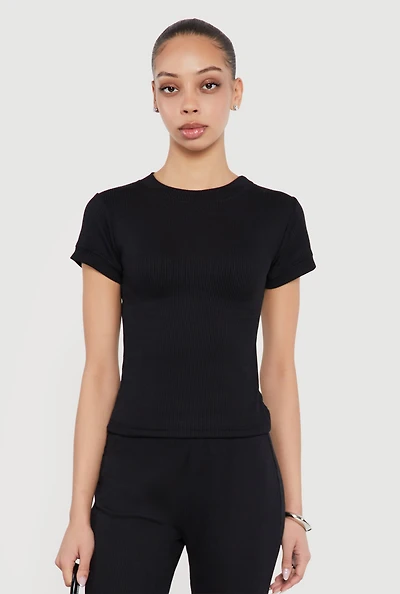 Ribbed Knit Short Sleeve High Neck Tee