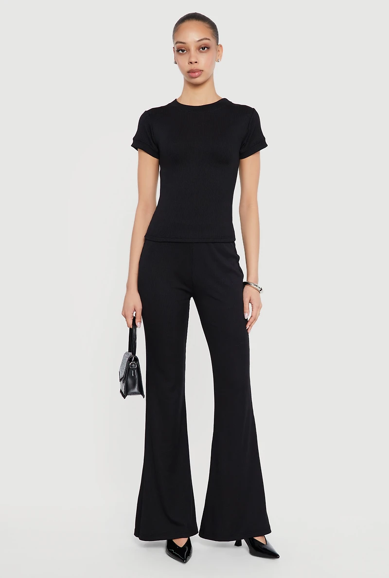 Ribbed Knit Short Sleeve High Neck Tee