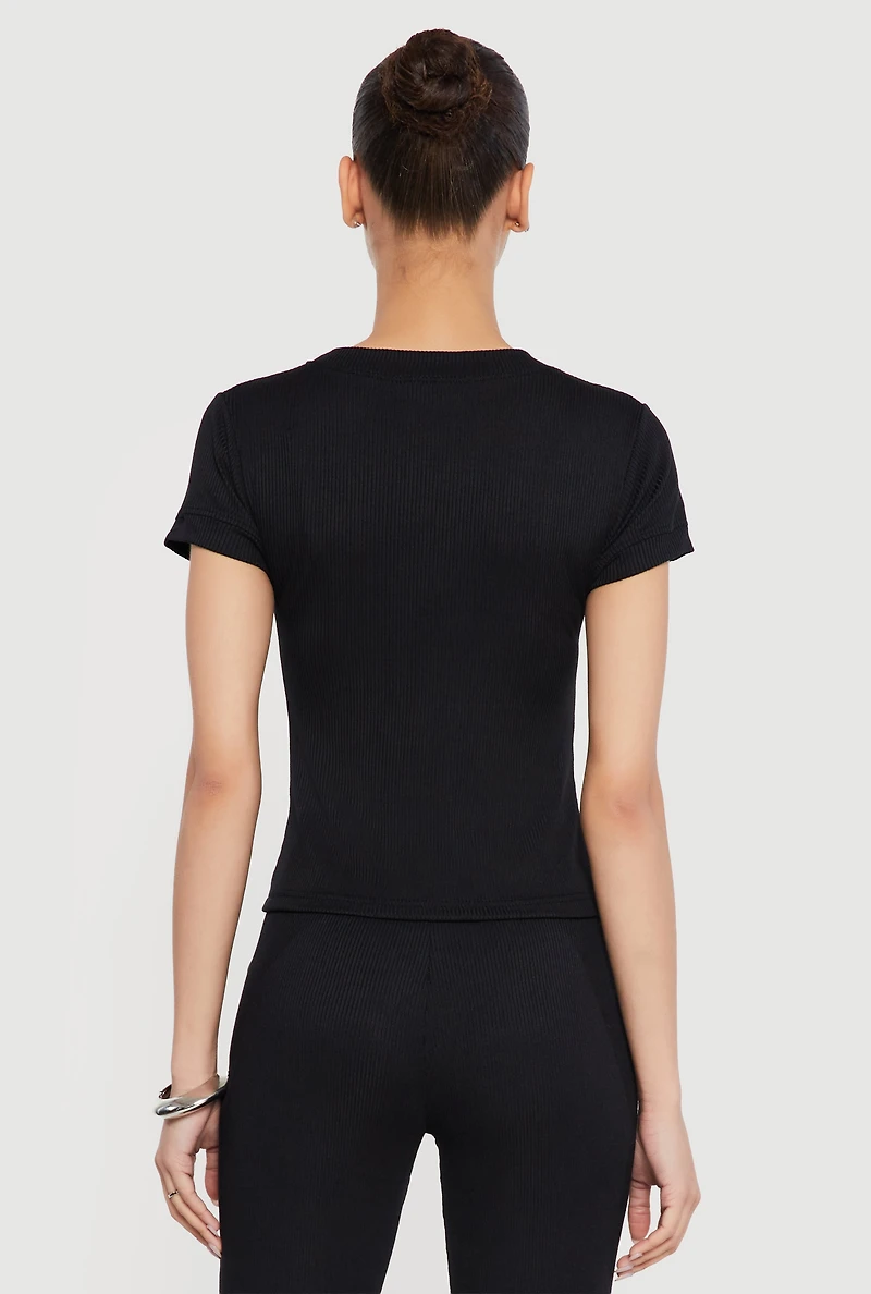 Ribbed Knit Short Sleeve High Neck Tee