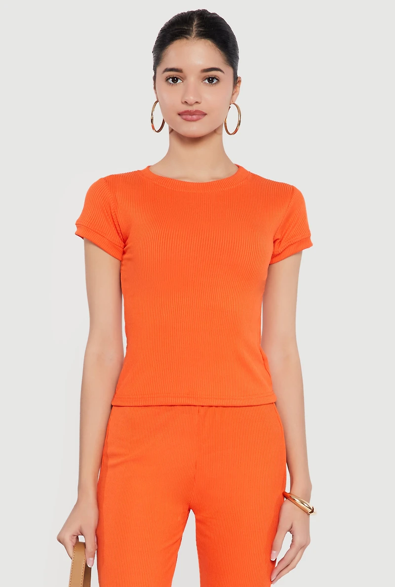 Ribbed Knit Short Sleeve High Neck Tee