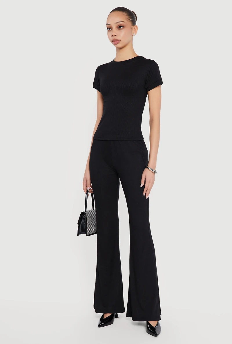 Rib Knit High Waisted Flare Pants