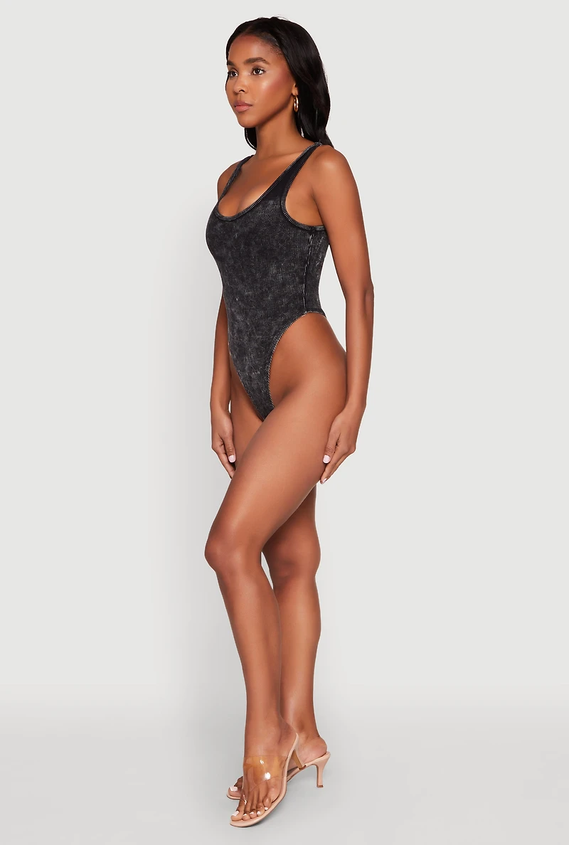 Womens Mineral Wash High Cut Bodysuit, Black, Size L