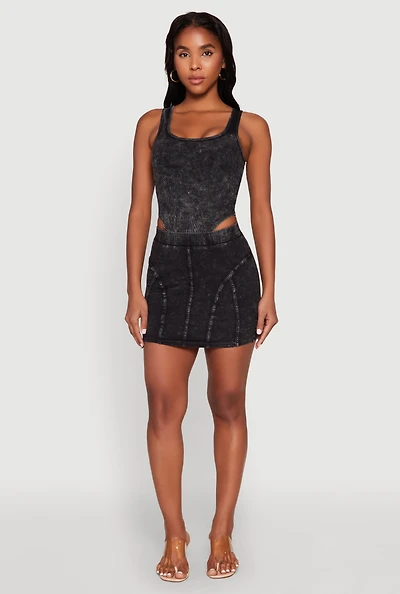 Womens Mineral Wash High Waist Mini Skirt,
