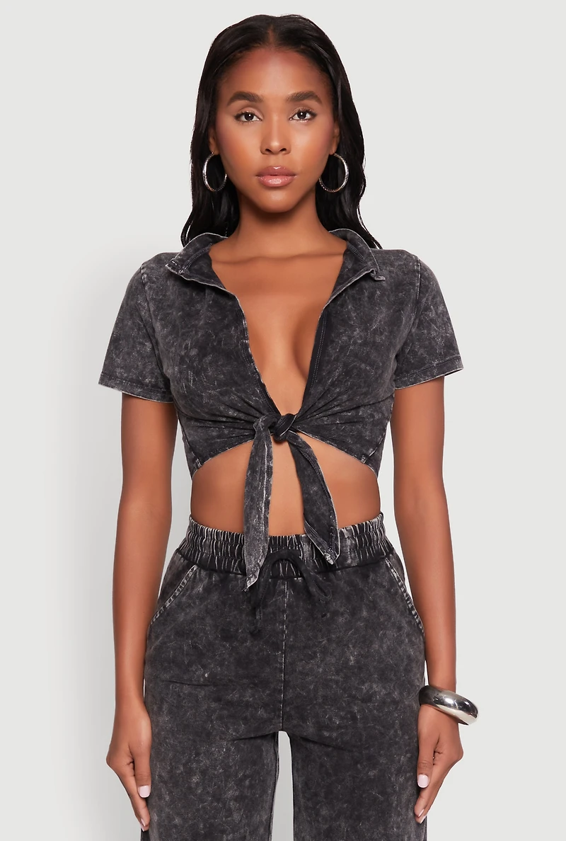 Cropped Mineral Wash Tie Front Top