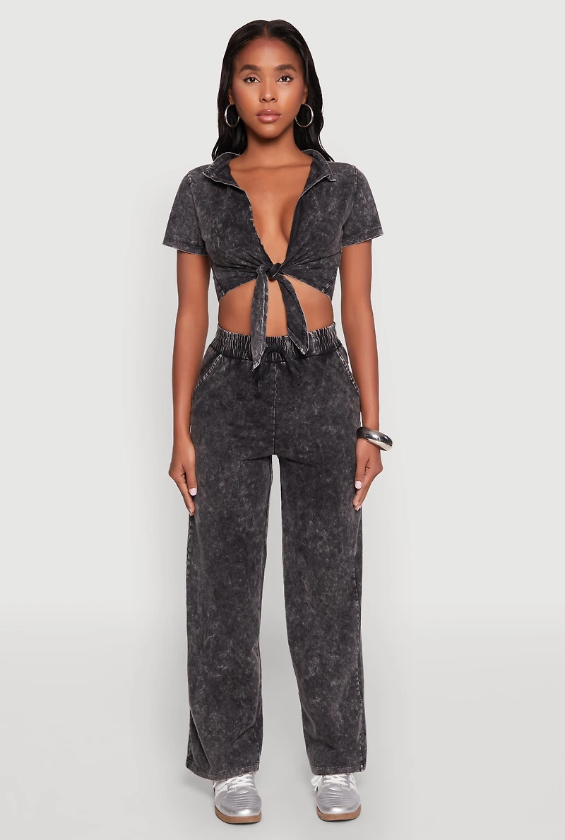 Cropped Mineral Wash Tie Front Top