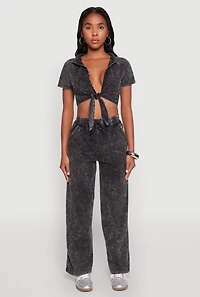 Cropped Mineral Wash Tie Front Top