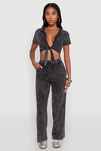 Cropped Mineral Wash Tie Front Top