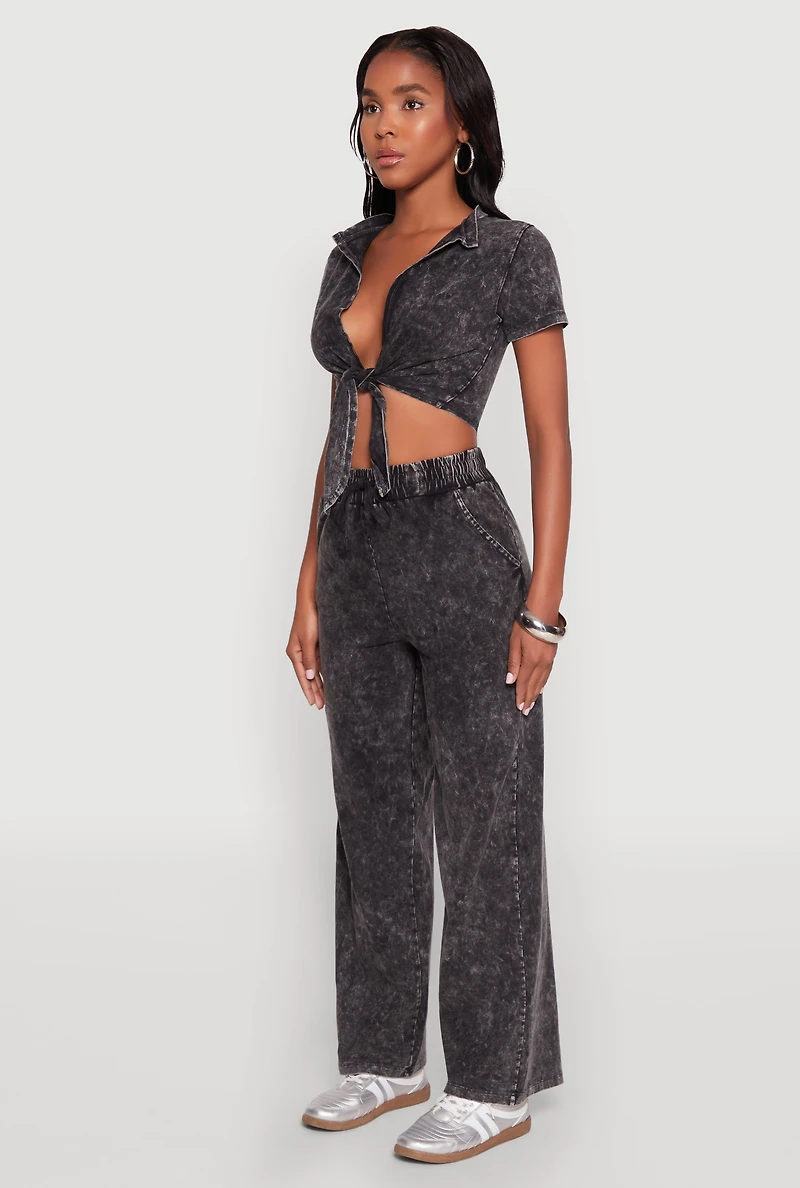 Cropped Mineral Wash Tie Front Top