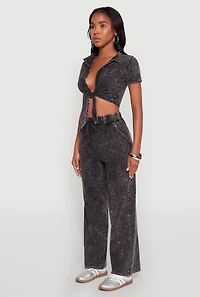 Cropped Mineral Wash Tie Front Top