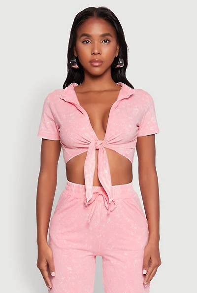 Womens Cropped Mineral Wash Tie Front Top, Pink, Size M