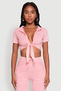Womens Cropped Mineral Wash Tie Front Top, Pink, Size M