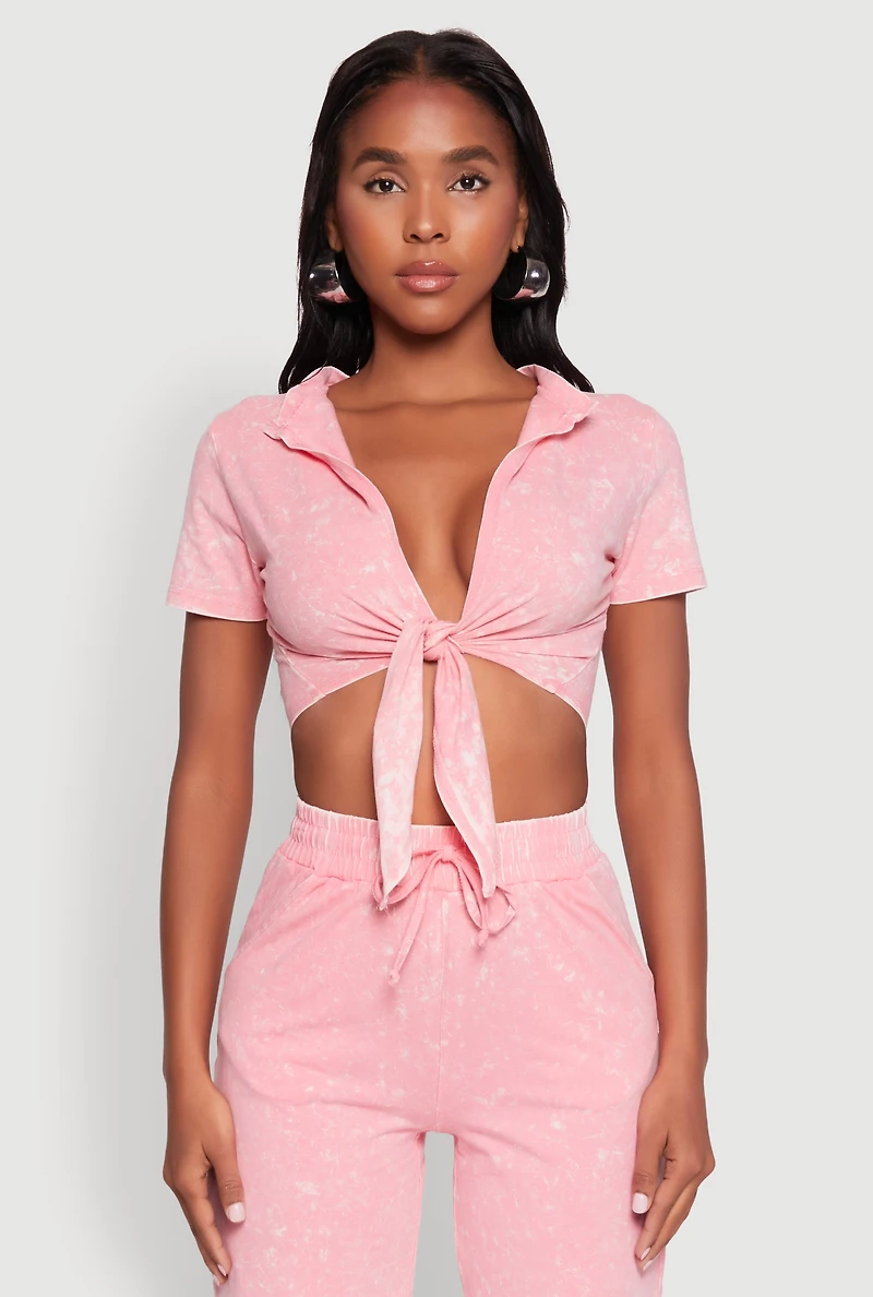 Cropped Mineral Wash Tie Front Top