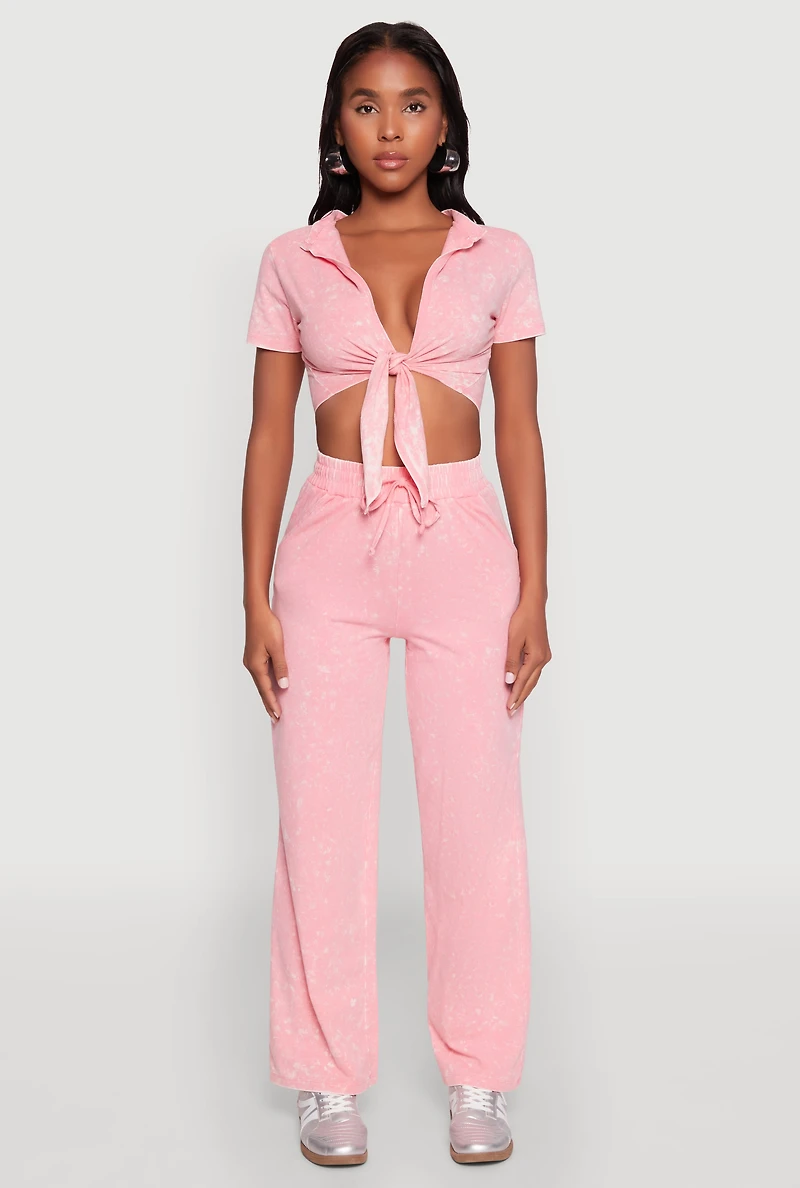 Womens Cropped Mineral Wash Tie Front Top, Pink, Size M