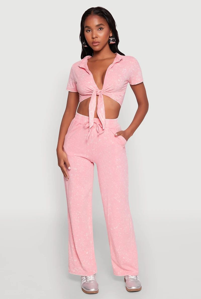 Womens Cropped Mineral Wash Tie Front Top, Pink, Size M