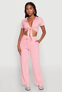Womens Cropped Mineral Wash Tie Front Top, Pink, Size M