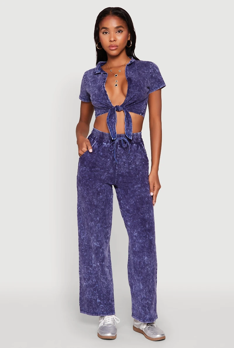 Womens Cropped Mineral Wash Tie Front Top, Blue,