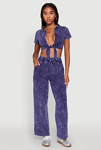 Womens Cropped Mineral Wash Tie Front Top, Blue,