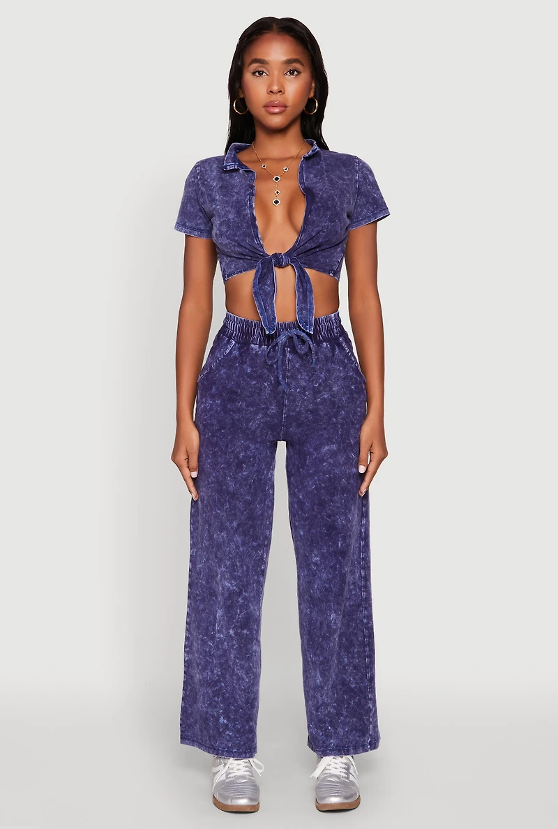 Womens Cropped Mineral Wash Tie Front Top, Blue,