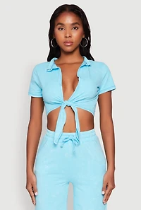 Womens Cropped Mineral Wash Tie Front Top, Blue,