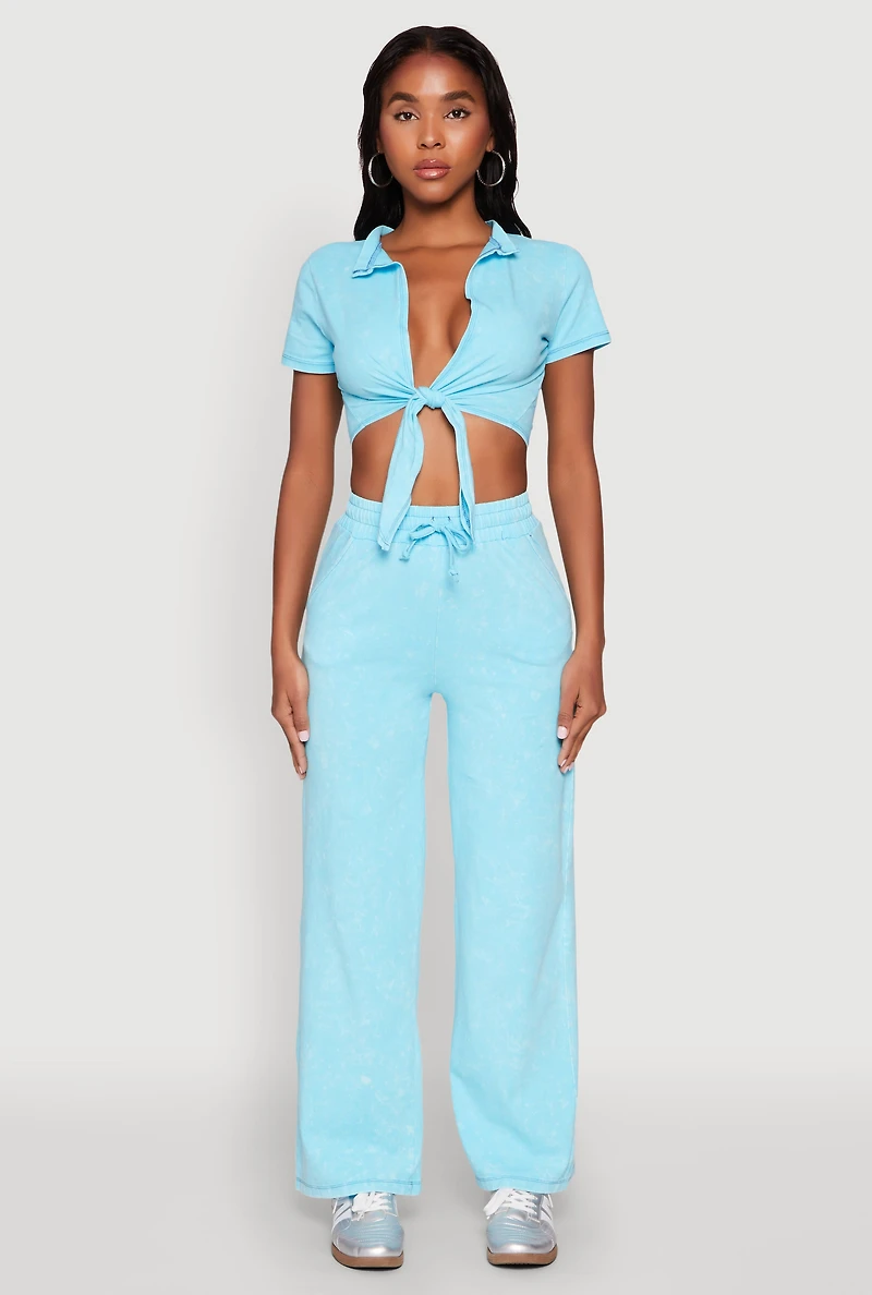 Womens Cropped Mineral Wash Tie Front Top, Blue,