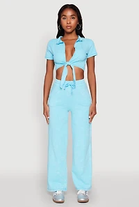 Womens Cropped Mineral Wash Tie Front Top, Blue,