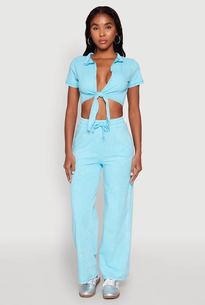 Womens Cropped Mineral Wash Tie Front Top, Blue,