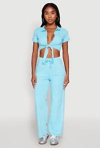 Womens Cropped Mineral Wash Tie Front Top, Blue,