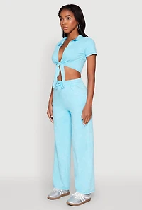 Womens Cropped Mineral Wash Tie Front Top, Blue,