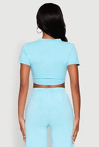 Womens Cropped Mineral Wash Tie Front Top, Blue, Size S