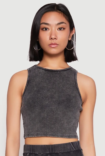 Womens Mineral Wash Ribbed Knit Crop Top, Grey, Size M