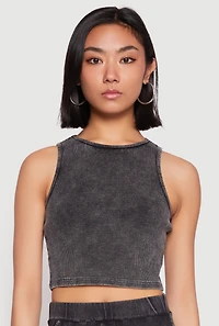 Womens Mineral Wash Ribbed Knit Crop Top, Grey, Size M