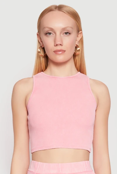Womens Mineral Wash Ribbed Knit Crop Top, Pink, Size S