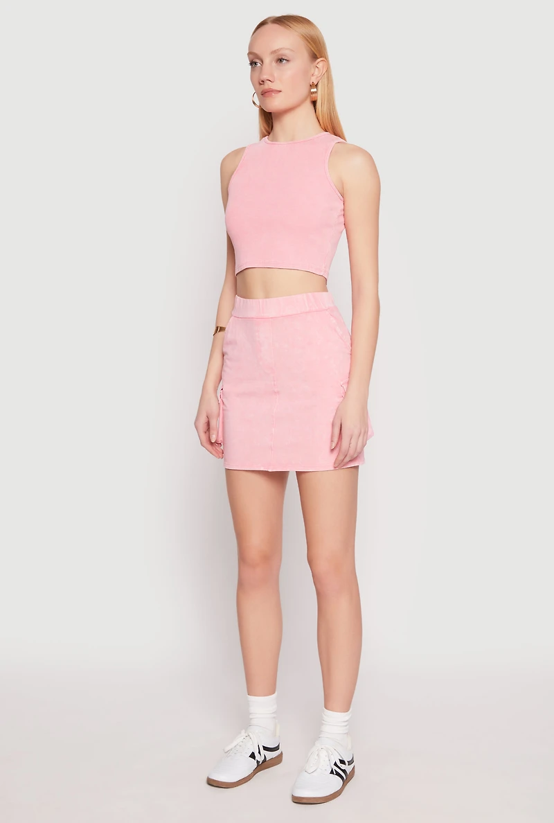 Womens Mineral Wash Ribbed Knit Crop Top, Pink, Size S