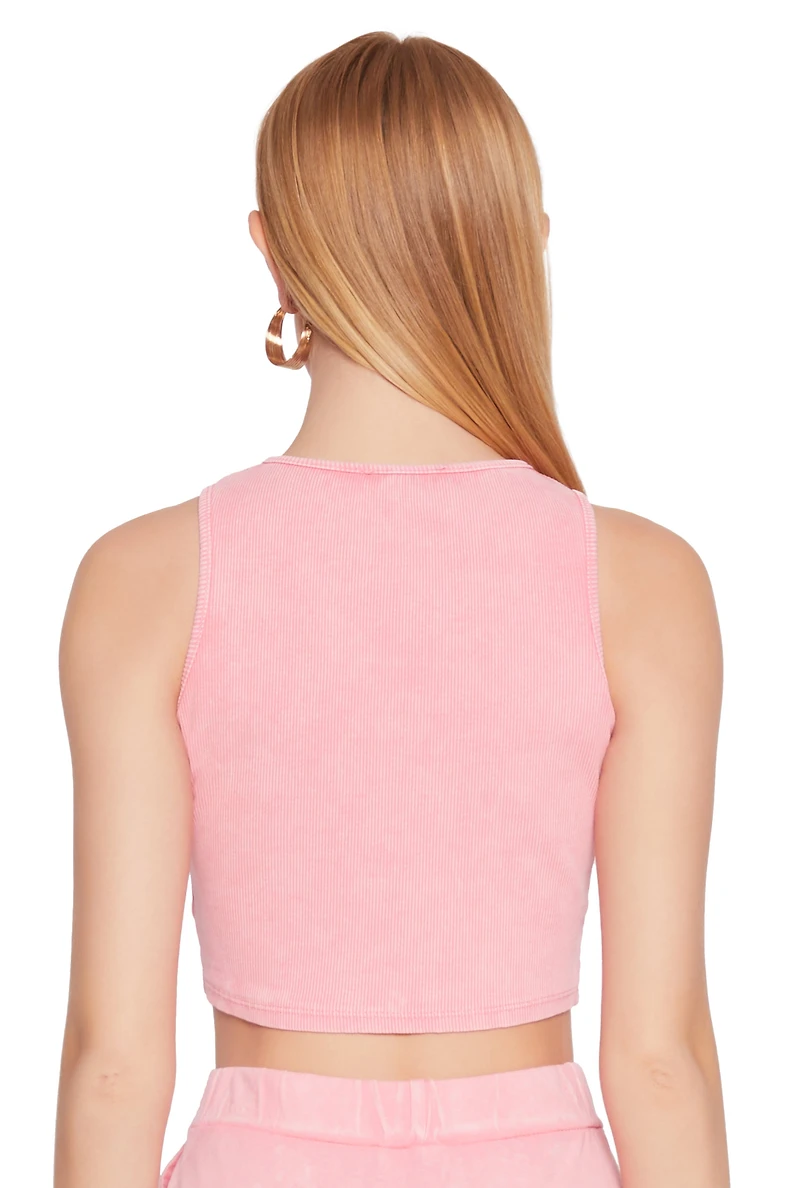 Womens Mineral Wash Ribbed Knit Crop Top, Pink, Size S